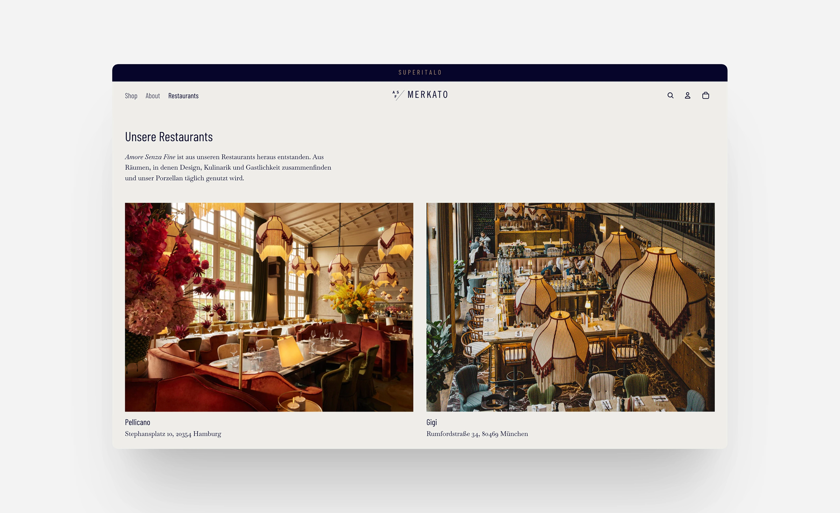 Desktop-Ansicht der Restaurant-Übersichtsseite im Shopify-Onlineshop Amore Senza Fine