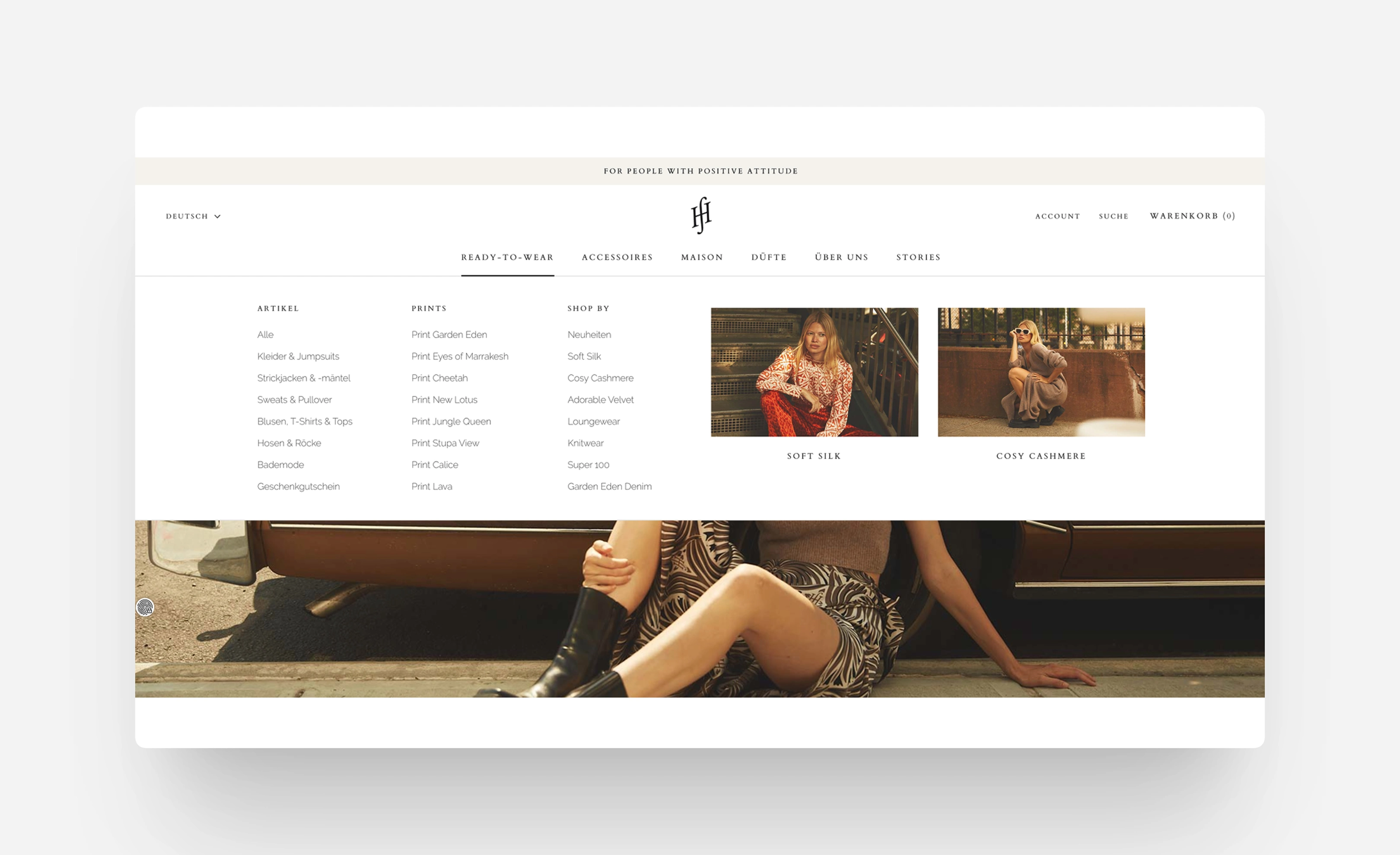 Desktop-Navigation mit Mega-Menü im Shopify-Onlineshop Friendly Hunting München