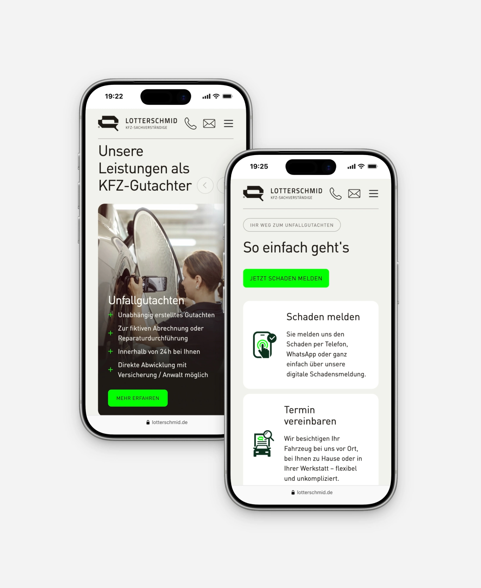 Mobile Ansicht der Leistungsseite mit Unfallgutachten und Schadensmeldung Lotterschmid