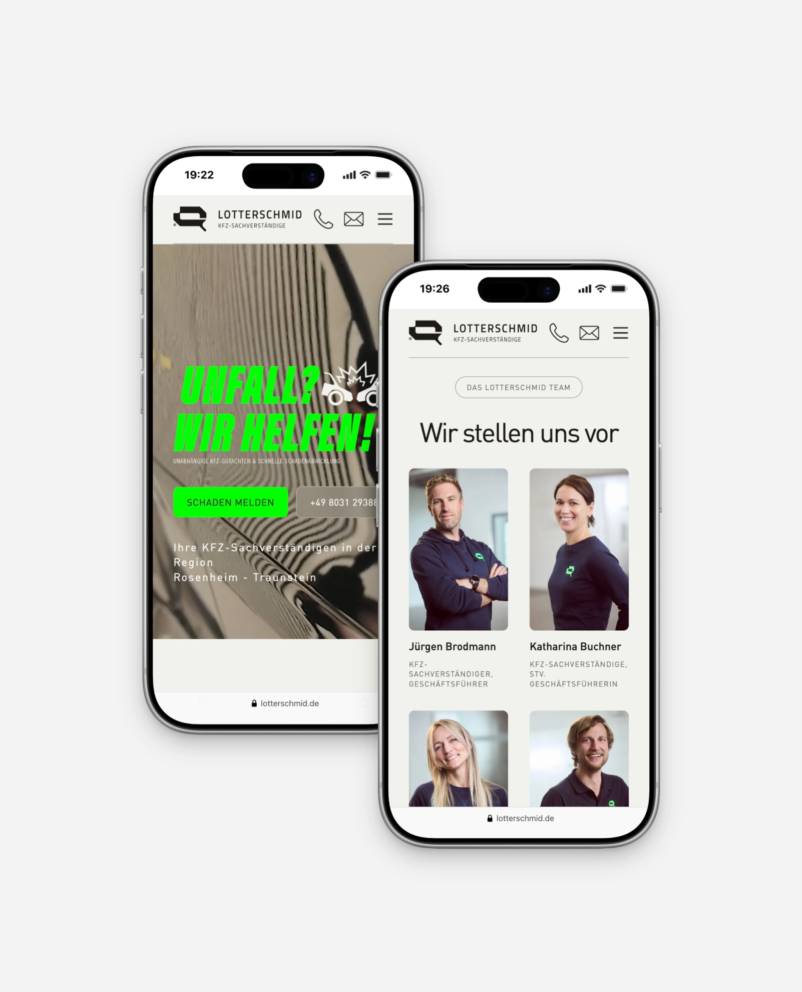 Mobile Ansicht der Startseite mit Hero und Teamvorstellung Lotterschmid München