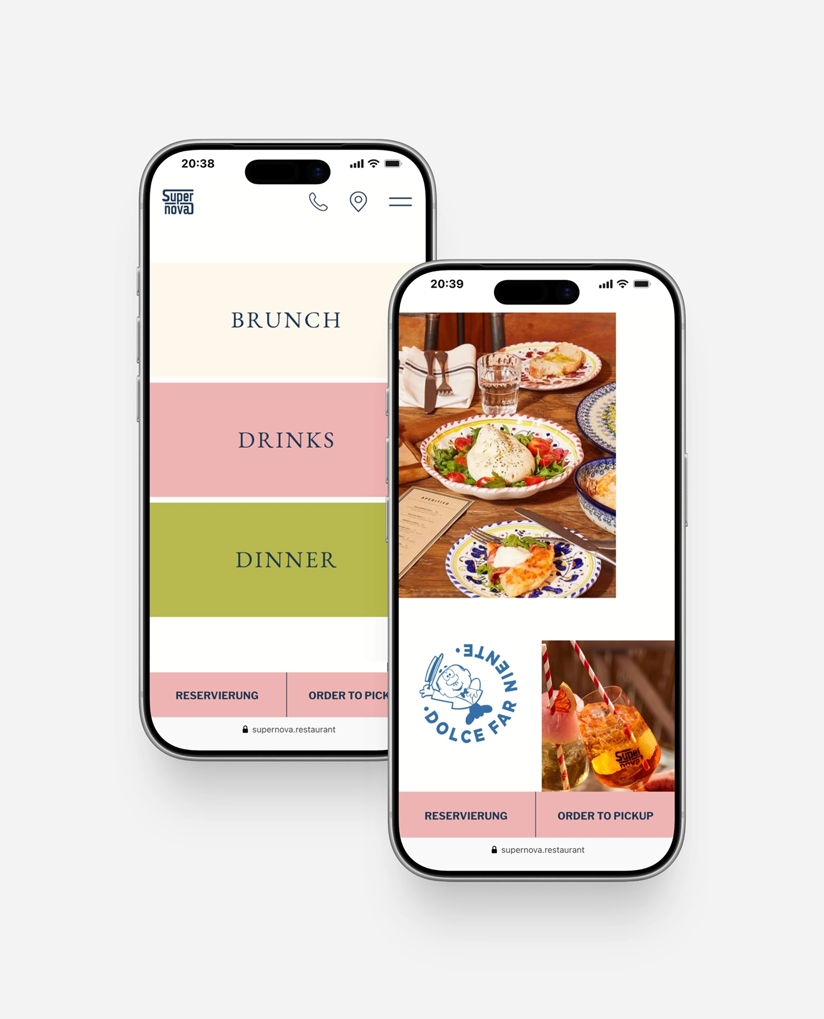 Mobile Ansicht der Speisekarte mit Brunch, Drinks und Dinner im Restaurant Supernova