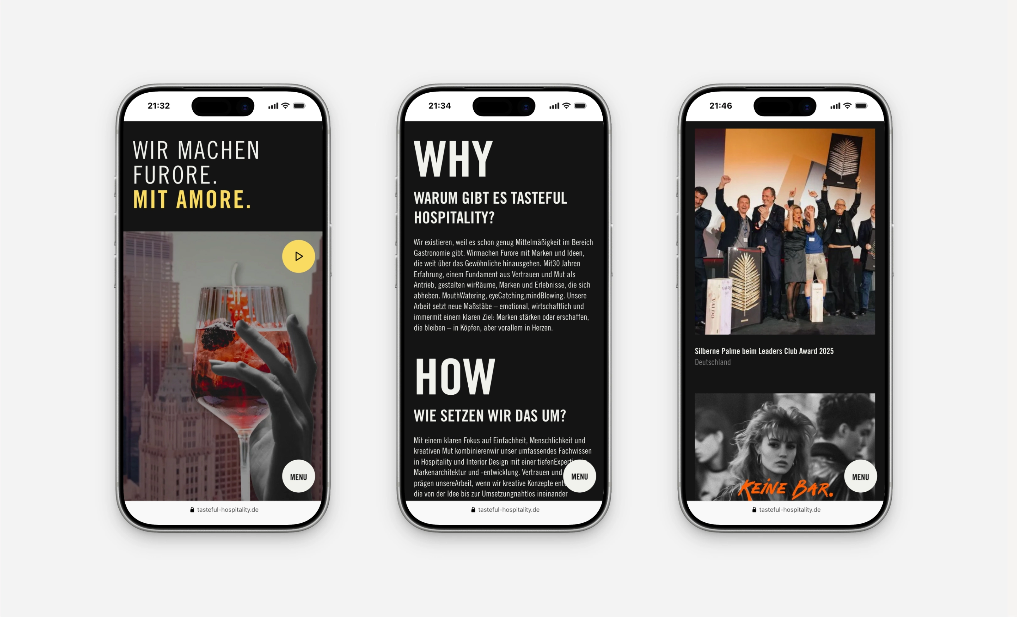 Drei Mobile-Ansichten der Tasteful Hospitality Website – responsives Webflow-Webdesign