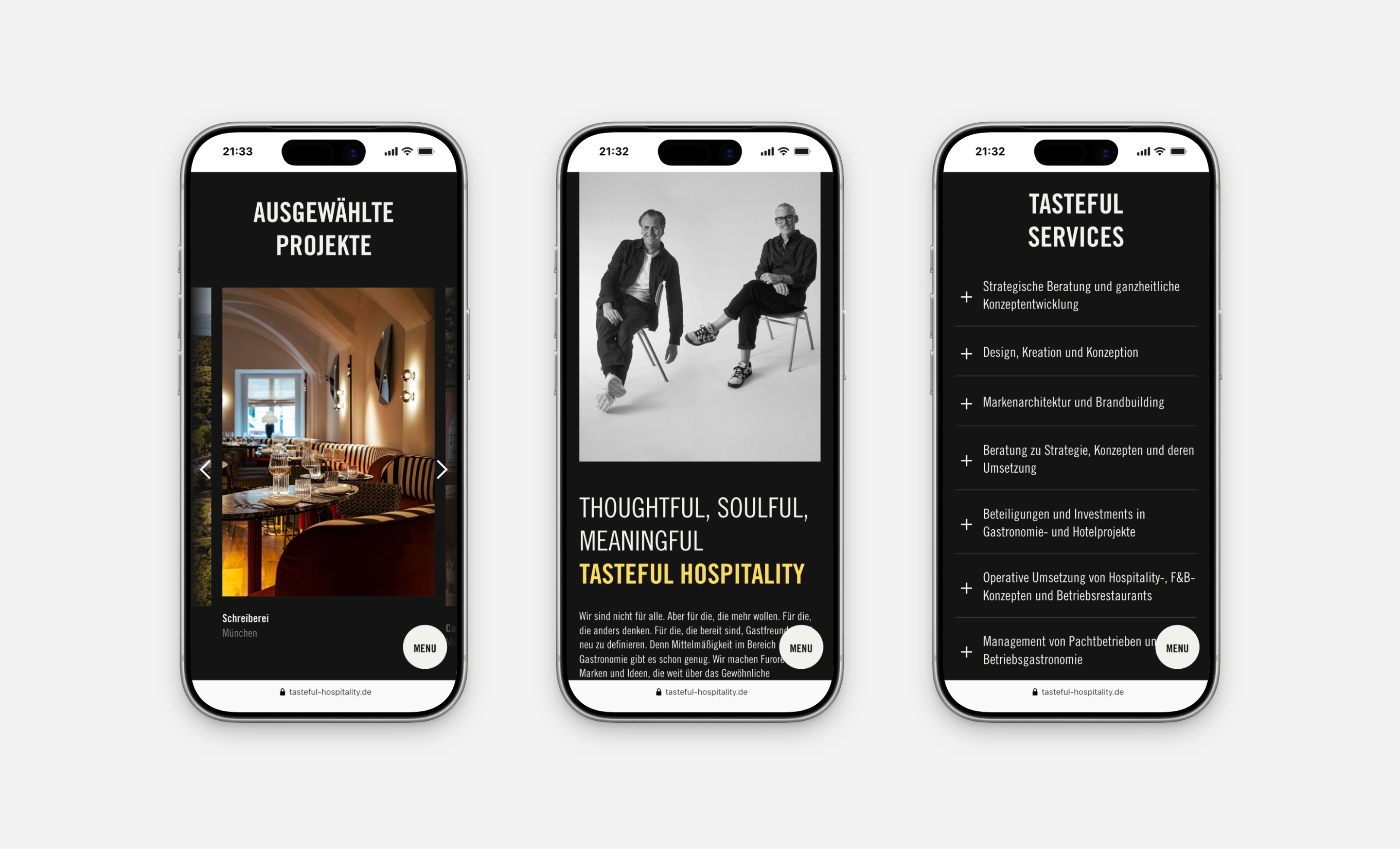 Mobile Ansicht der Services-Seite Tasteful Hospitality München mit Projekte- und Leistungsübersicht