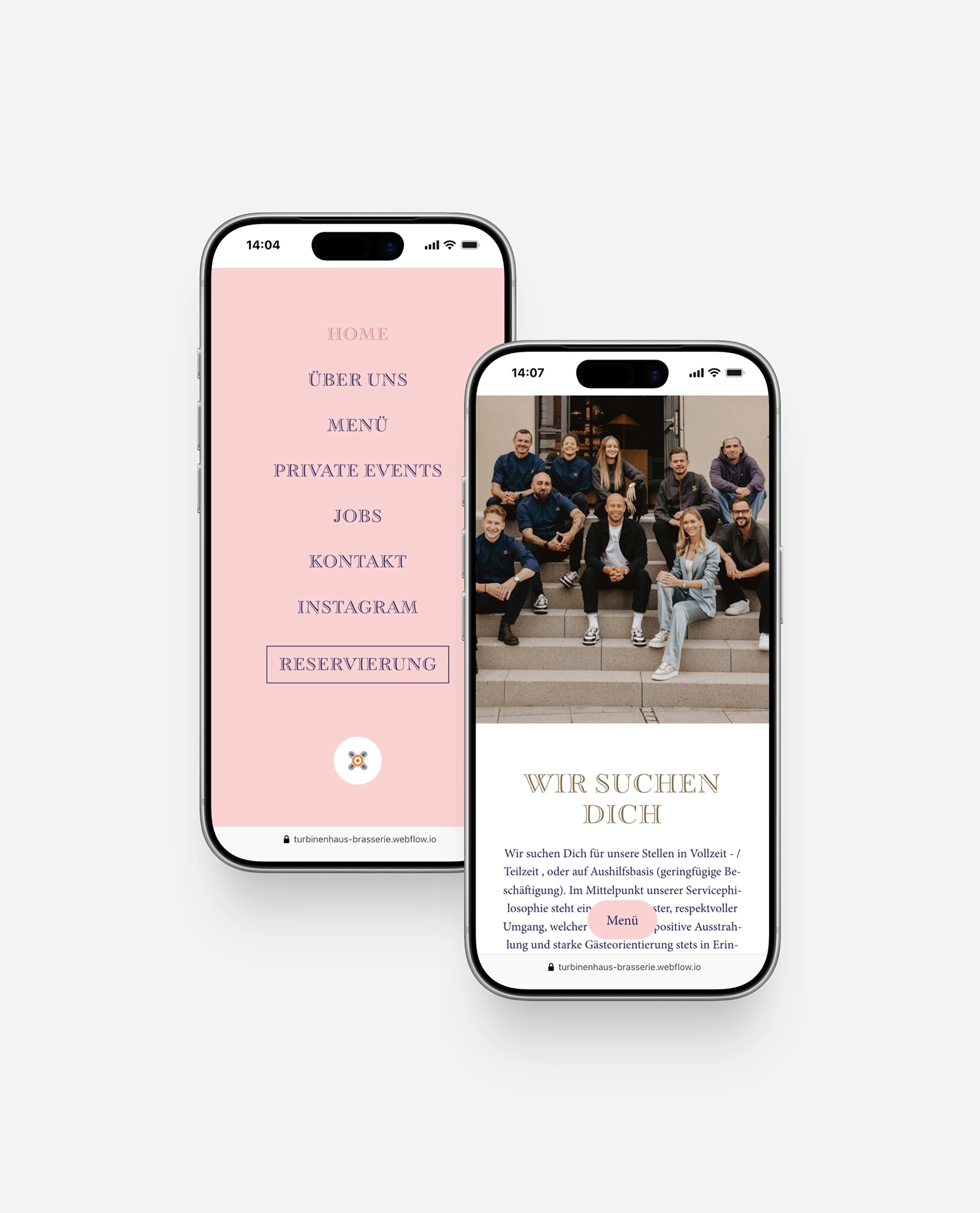 Mobile Ansicht der Navigation und Vorspeisenkarte Brasserie Turbinenhaus München